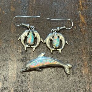Vintage Sterling Silver Dolphin Jewelry Set with Opal Accents